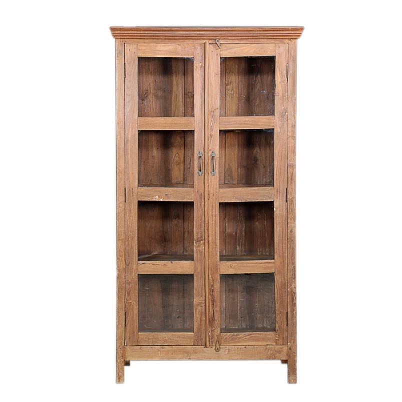 White background image of a recycled teak wood showcase with four glass-framed doors and internal storage – sustainable teak wood furniture combining timeless elegance and eco-friendly craftsmanship.