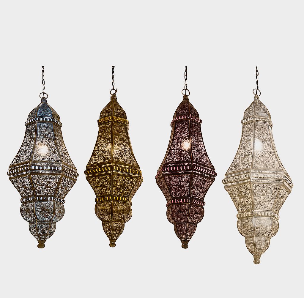 White background image of a handcrafted punched metal pendant lamp Ichaa in mixed colours – 80 cm high oriental lighting with intricate patterns, ideal as decorative metal pendant light.