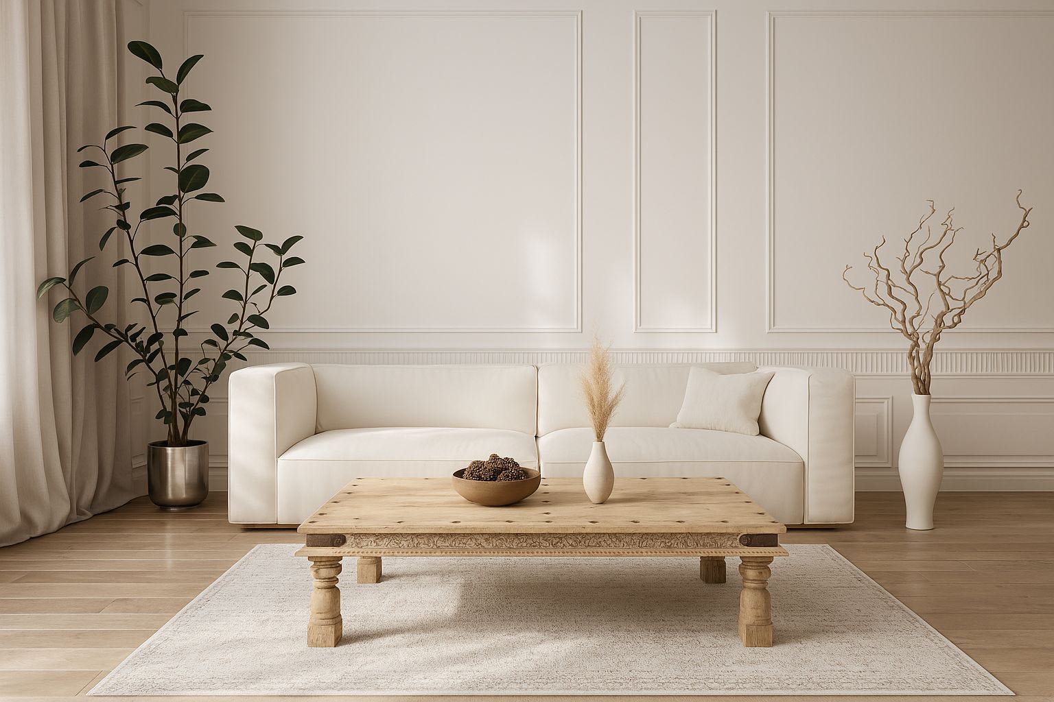 Front view image of a rustic coffee table made from old reclaimed teak wood, featuring a weathered finish, turned legs, decorative carved apron, and visible metal rivets, styled with earthy decor in a minimal interior setting.
