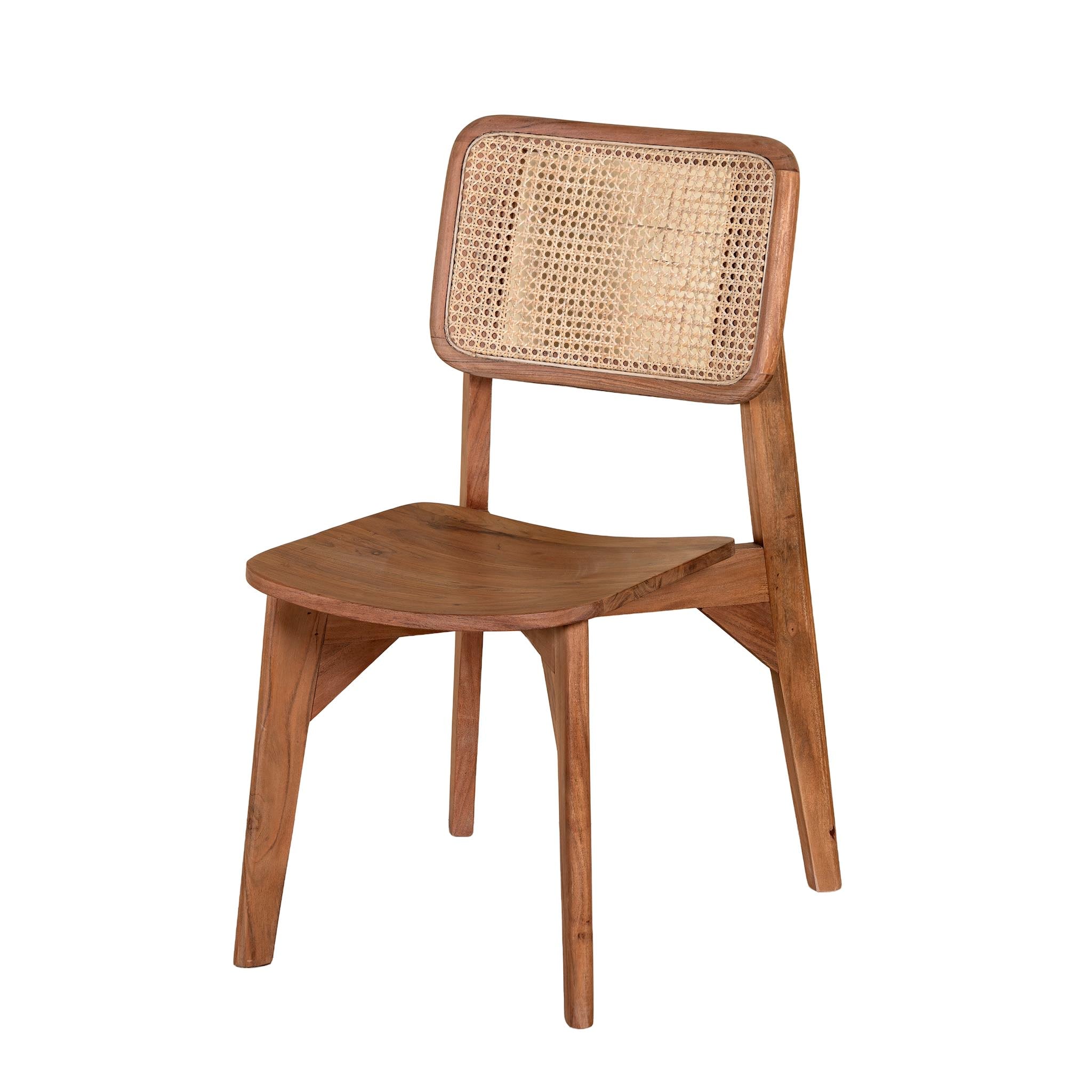 White background image of an acacia wood chair with woven rattan backrest and solid wooden frame; wooden armchair for dining or living rooms, 45 × 45 × 85 cm.