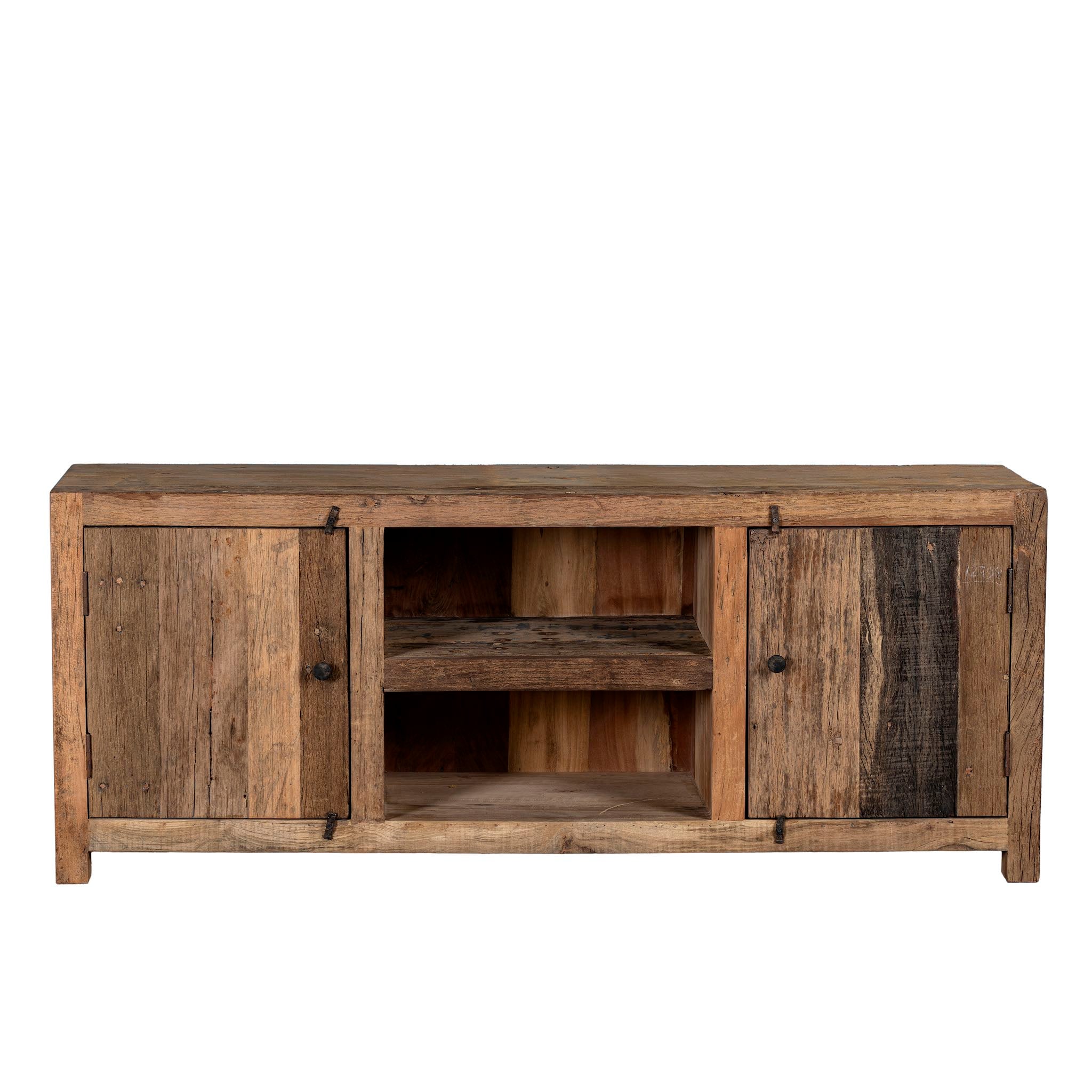 White background image of a rustic sideboard in Driftwood/Wabi Sabi style made from recycled old wood, featuring a natural, weathered finish with two cabinet doors and open central shelving.


