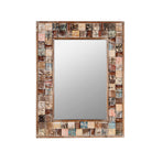 White background image of a rectangular mango wood mirror with reclaimed wood patchwork frame and distressed finish; perfect for vintage home decor and bohemian styling, 64 × 5 × 84 cm.