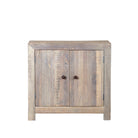 White background image of a rustic cupboard made of reclaimed wood with two doors, sustainable bathroom furniture, 90 × 40 × 86 cm.
