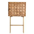 White background image of a tall mango wood cabinet in grey sandblasted finish with geometric sunburst design and brass handles, 76 × 38 × 135 cm.