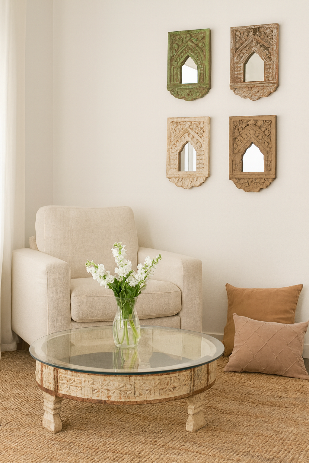 Lifestyle imagination of a round reclaimed wood coffee table with glass top and hand-carved Indian design; hollow interior, 70 cm diameter, 30 cm height.