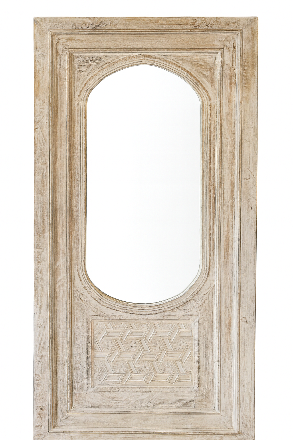 White background image of a tall vintage wall mirror with hand-carved mango wood frame; rustic hand carved mirror, 86 × 160 × 5 cm.