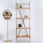Compact brass-plated iron shelf with removable mango wood trays – minimalistic furniture and modular mango wood shelving for stylish, functional interiors.