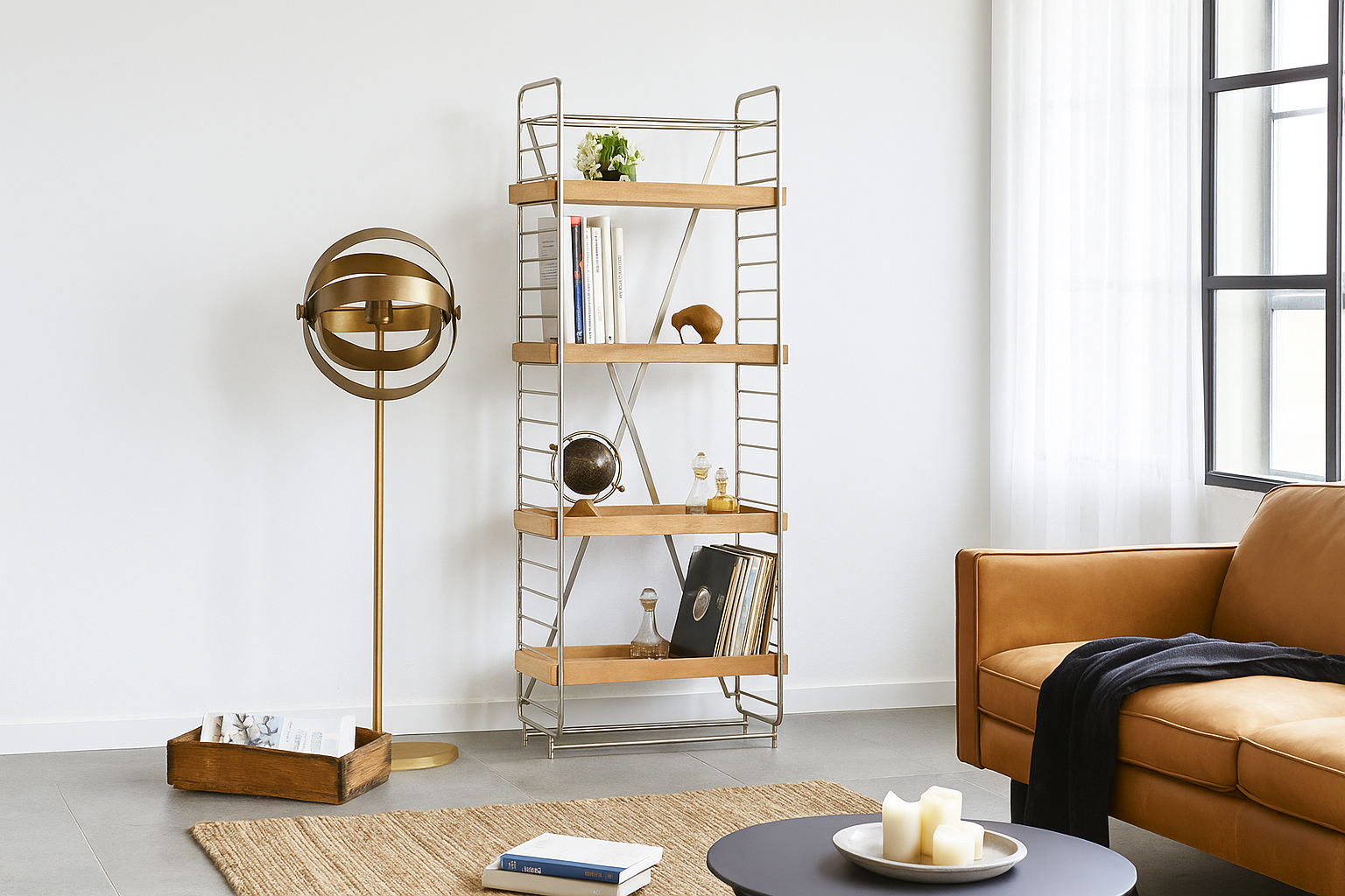 Lifestyle image of a compact brass-plated iron shelf with removable mango wood trays – minimalistic furniture and modular mango wood shelving for stylish, functional interiors.