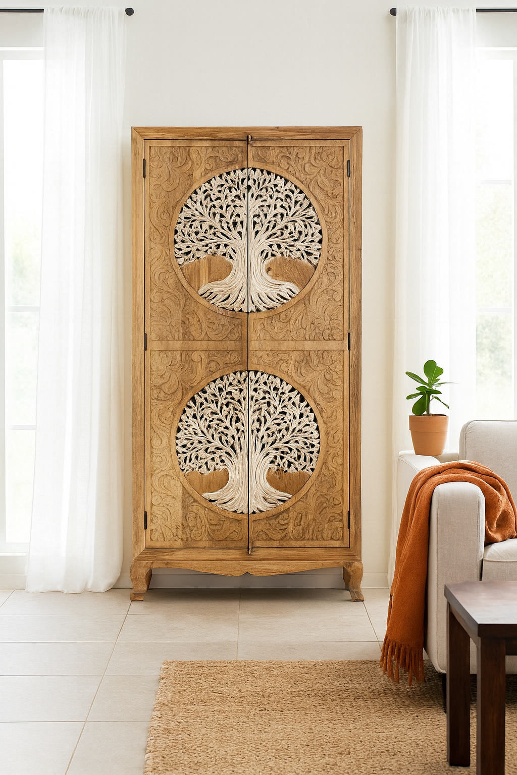 Lifestyle imagination of a artisanal Tree of Life furniture wardrobe with whitewashed carvings, handcrafted mango wood with four storage compartments, 90 × 40 × 180 cm.