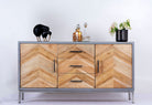 Handcrafted teak wood sideboard with parquet design and grey stainless steel frame—artisanal furniture ideal for a modern living room.
