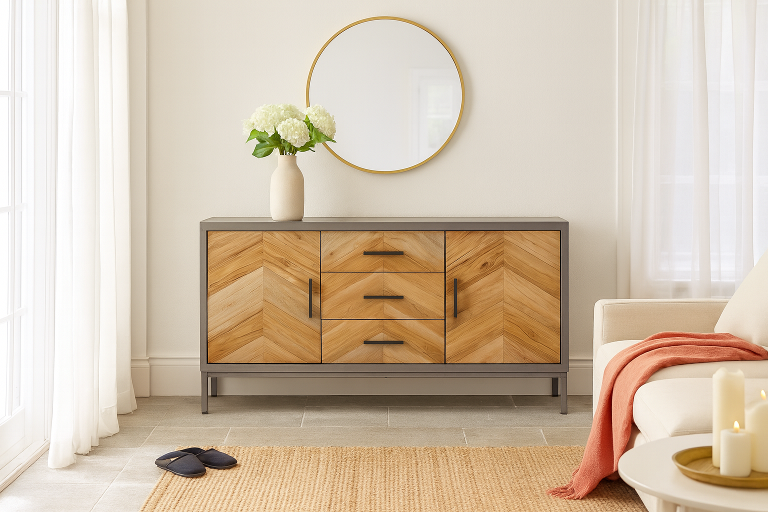 Life style imagination of a handcrafted teak wood sideboard with parquet design and grey stainless steel frame—artisanal furniture ideal for a modern living room.