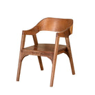 White background image for a wooden armchair made of solid acacia wood with curved backrest and armrests; acacia wood chair, 60 × 50 × 90 cm.