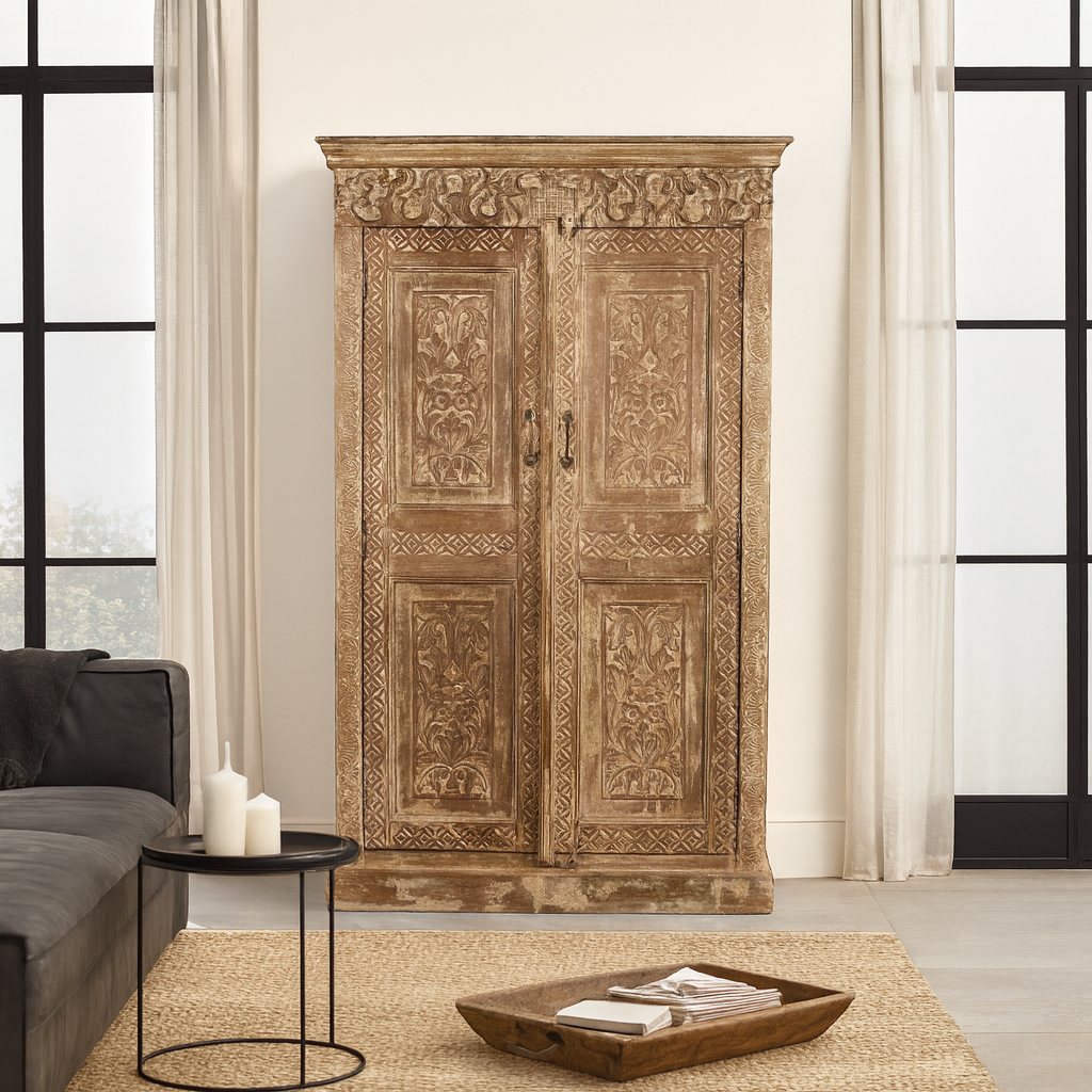 Lifestyle scene with a hand-carved reclaimed wood wardrobe with vintage finish – a sustainable furniture piece ideal for Indian home decor and rustic interiors.