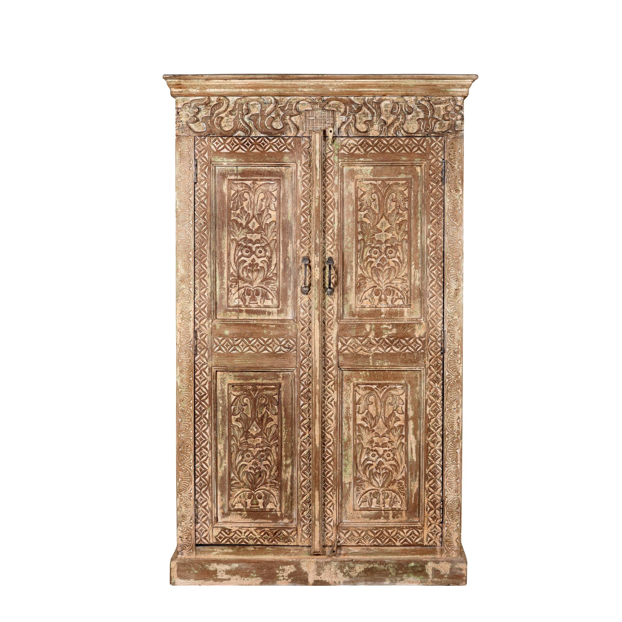 White background image of a hand-carved reclaimed wood wardrobe with vintage finish – a sustainable furniture piece ideal for Indian home decor and rustic interiors.