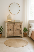 Lifestyle imagination of a whitewashed reclaimed teak sideboard in Ibiza style, featuring sandblasted old wood surfaces and rustic design; 112 × 90 × 50 cm.