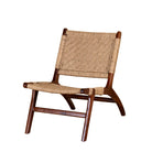 White background image of an acacia wood chair with handwoven cotton rope seat and backrest; rustic wooden armchair for living rooms or lounges, 60 × 80 × 95 cm.