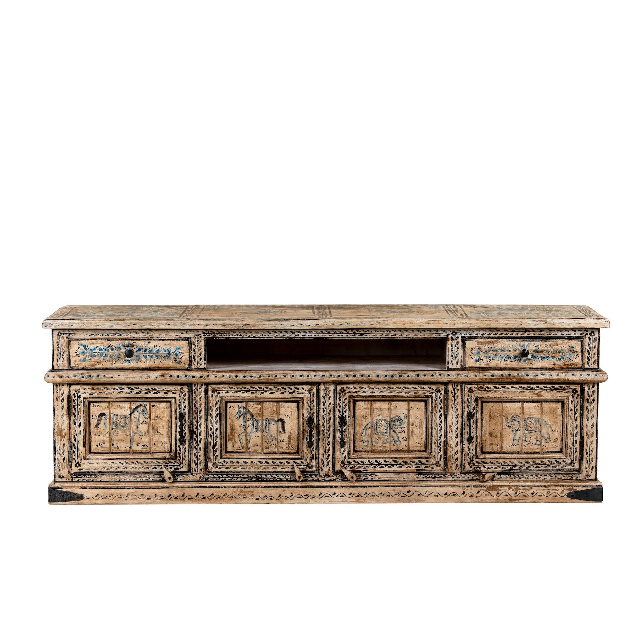 White background image of a hand-painted lowboard made of reclaimed wood with traditional Indian animal motifs, featuring drawers and cabinets for storage, rustic finish, and artisanal detailing.
