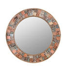 White background image of a round mirror framed with reclaimed wood, featuring a mosaic-style border of intricately carved and coloured wooden tiles, each with unique textures and patterns, creating a rustic and artistic statement piece.
