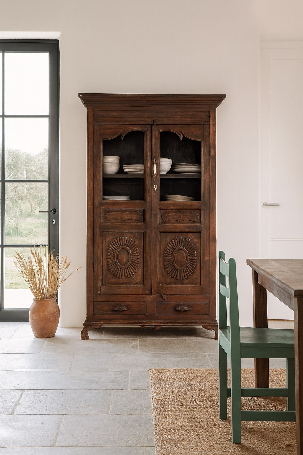 Lifestyle image of a reclaimed teak wood display cabinet with glass doors – unique INDIAN FURNITURE with natural wax finish and timeless craftsmanship.
