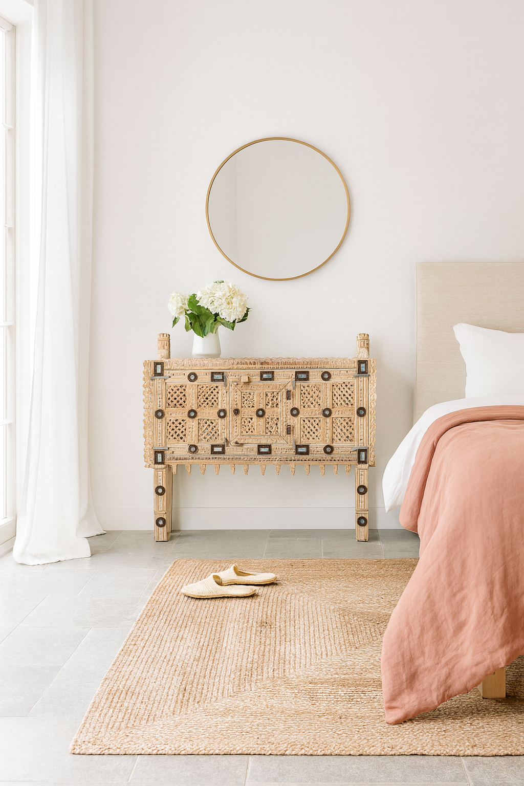 Lifestyle image of a sandblasted antique Indian teak chest with hand-carved details, original iron fittings, and a naturally aged finish, ideal for bohemian or vintage-inspired interiors.