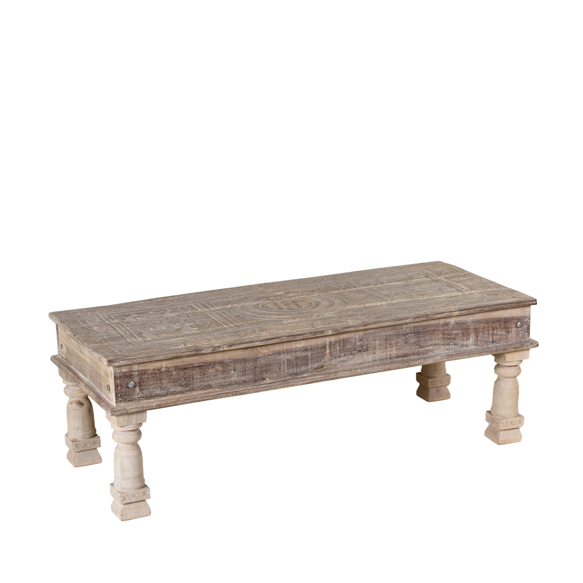Wooden coffee table with a rustic design on a white background
