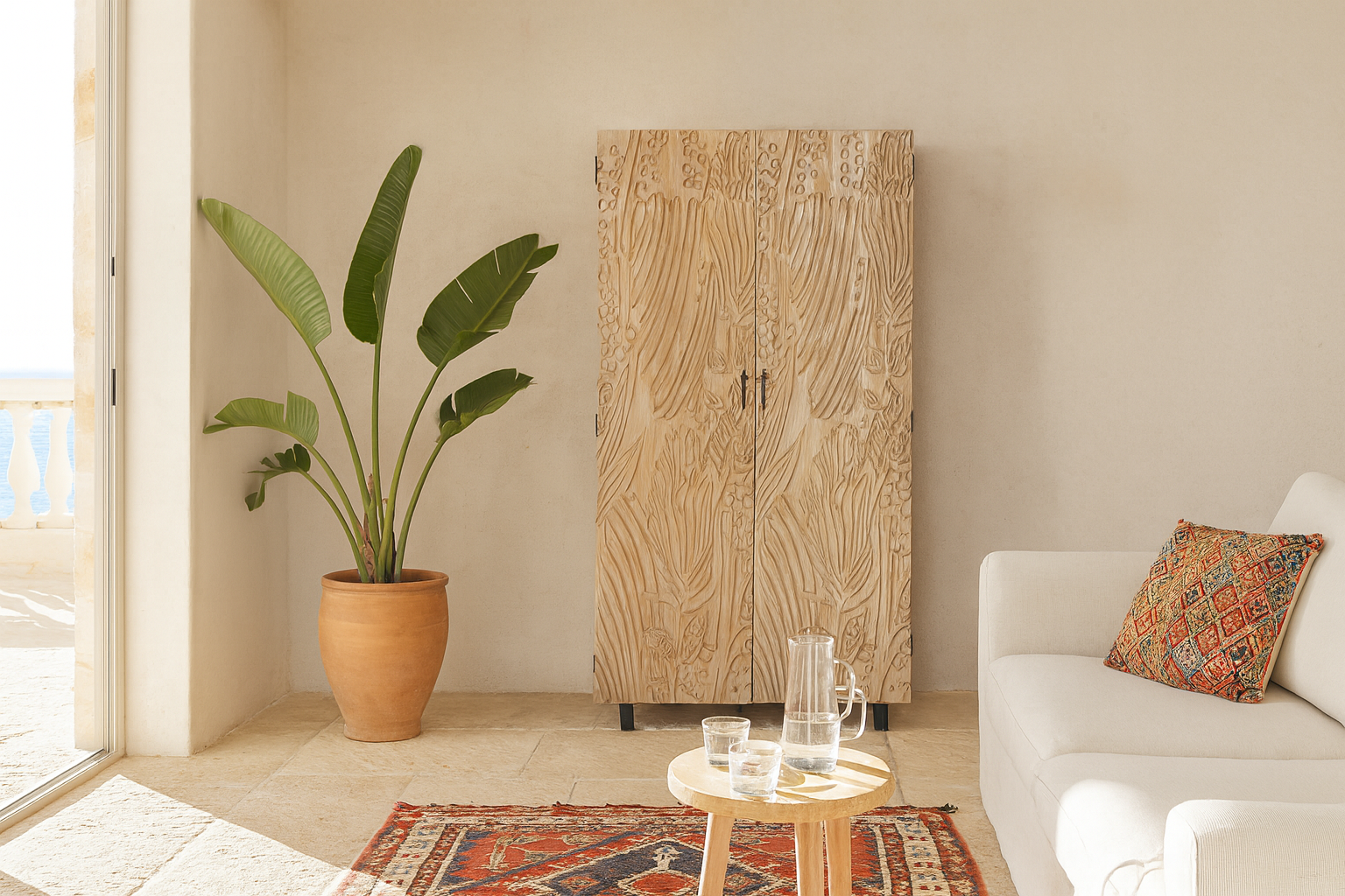 Lifestyle imagination of a hand-carved mango wood wardrobe with sandblasted finish and iron stand; artisanal bedroom furniture, 90 × 46 × 183 cm.