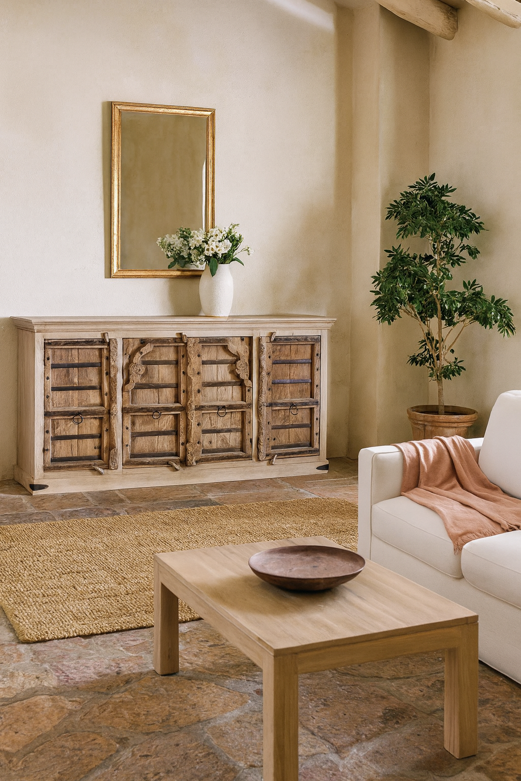 Lifestyle imagination of a unique old Door sideboard, finely hand carved in bleached teak wood driftwood design.