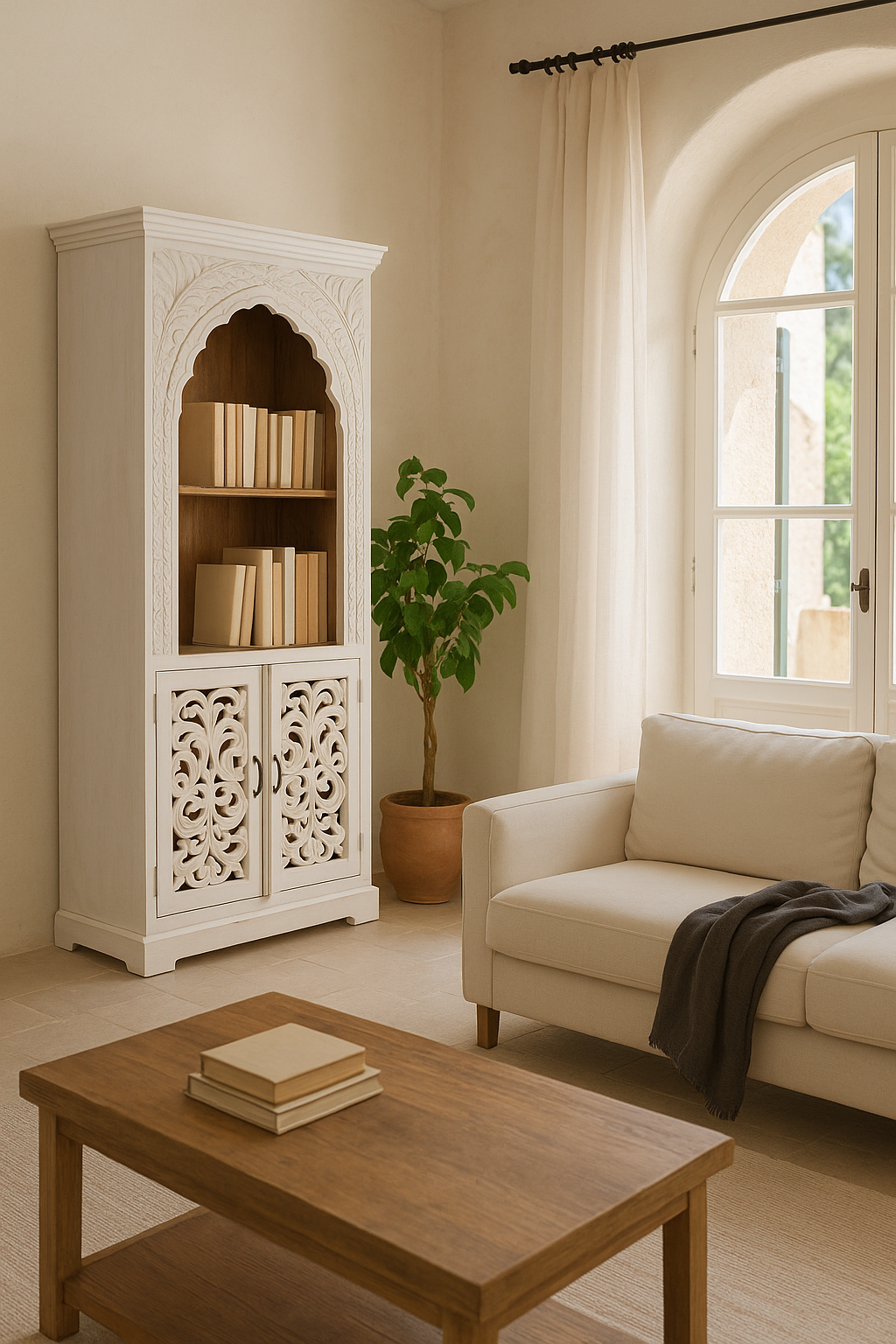 Living room with a white ornate cabinet, beige sofa, and wooden coffee table.