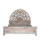 White background image of a hand-carved wooden bed frame in mango wood featuring an intricate lotus flower design – Lotus bed 180x200 cm by Om Home & Garden
