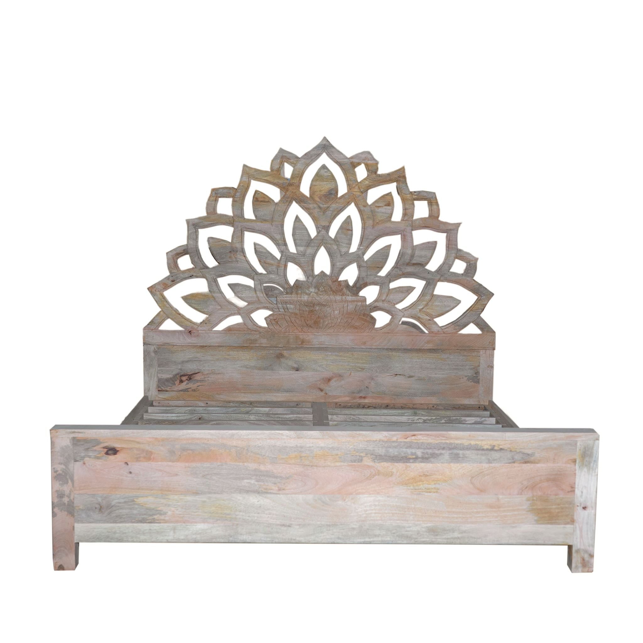 White background image of a hand-carved wooden bed frame in mango wood featuring an intricate lotus flower design – Lotus bed 180x200 cm by Om Home & Garden