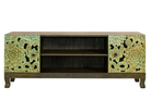 White background image of a carved mango wood lowboard with green floral doors, black frame, and open shelving, 150 × 60 × 40 cm.