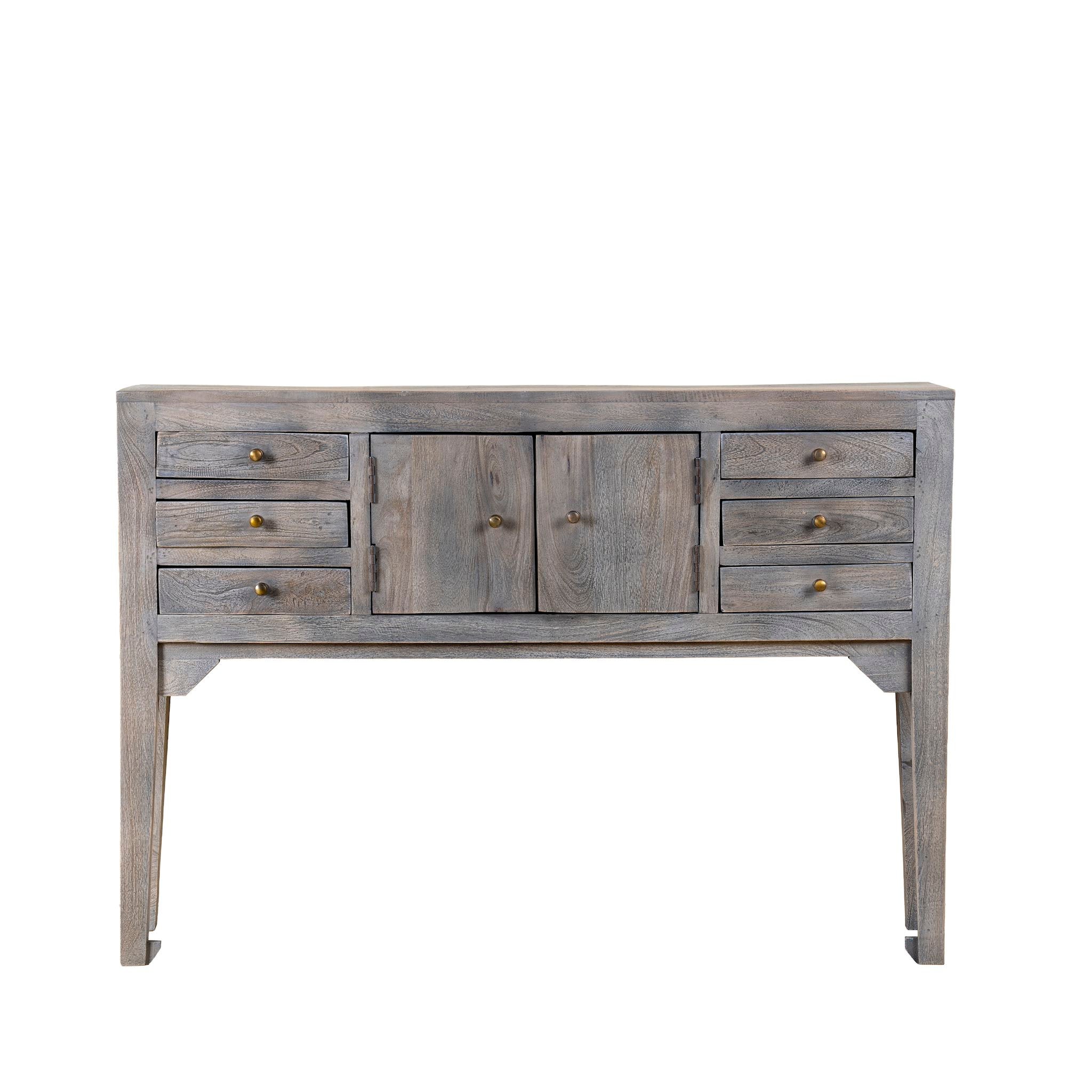 Wooden console table with drawers and doors on a white background