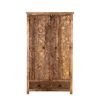White background image of a mango wood wardrobe with hand-carved floral detailing, Indian carved wooden furniture with bottom drawer, 105 × 40 × 180 cm.