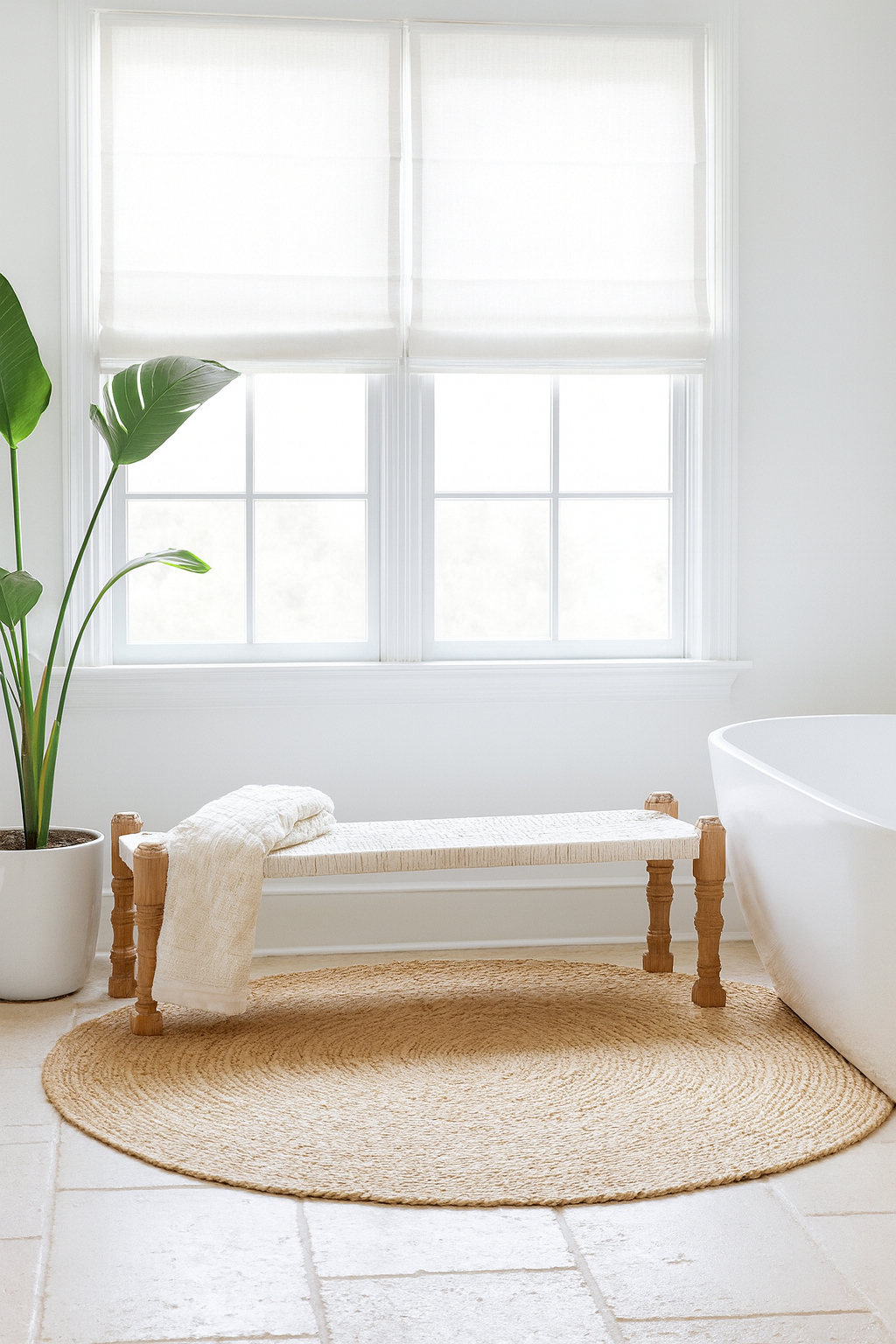 Lifestyle imagination of a low mango wood bench with handwoven cotton seat and recycled wood frame; Indian daybed-style, 120 × 45 × 20 cm.