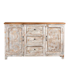 White background image of a handcrafted carved sideboard made from solid mango wood with floral motifs, antique layered finish, and natural wood top; artisan vintage furniture, 150 × 40 × 90 cm.