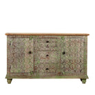 White background image of a carved wooden furniture sideboard with floral hand-carving and distressed finish, vintage style cabinet made from mango wood, 150 × 40 × 90 cm.