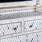 Close up image of a hand-painted dressing table with mirror made of reclaimed wood – Meira model by Om Home & Garden