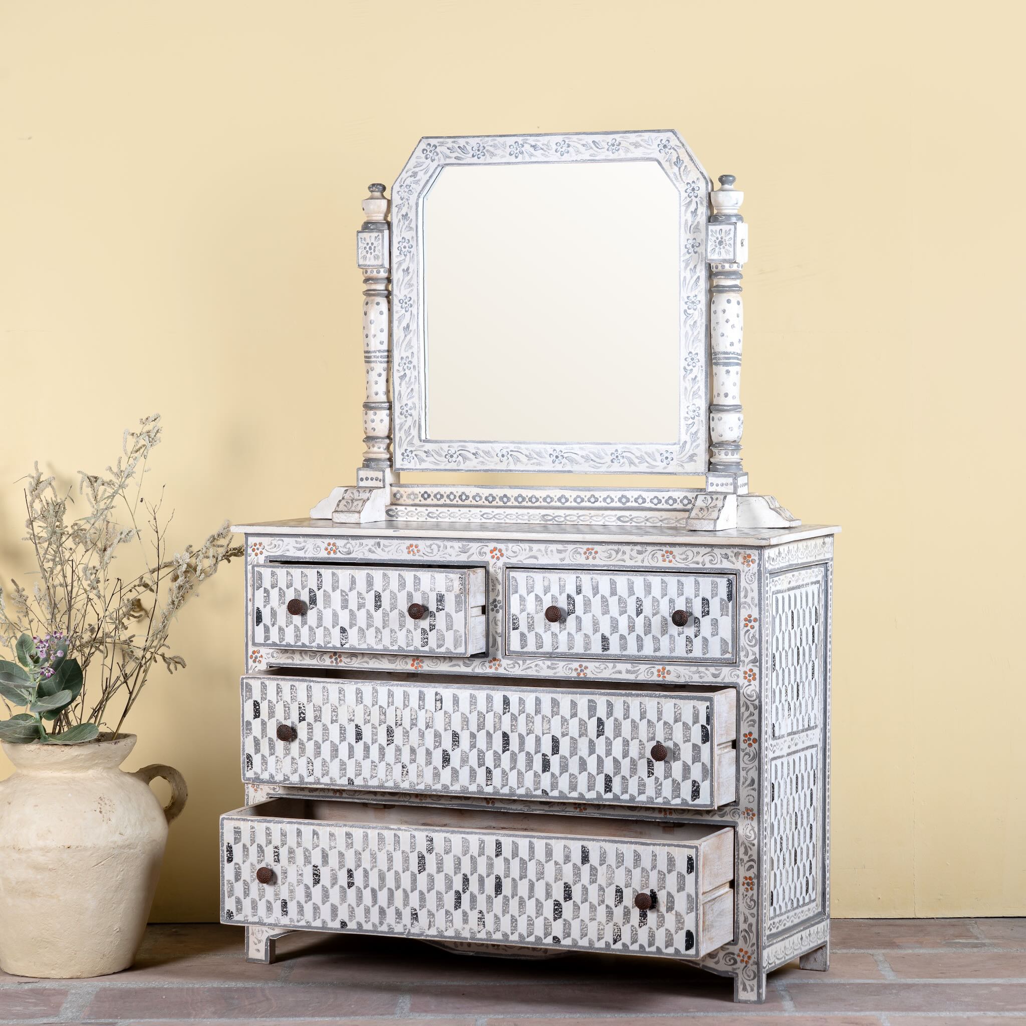 Side angle image with open drawer of a Hand-painted dressing table with mirror made of reclaimed wood – Meira model by Om Home & Garden