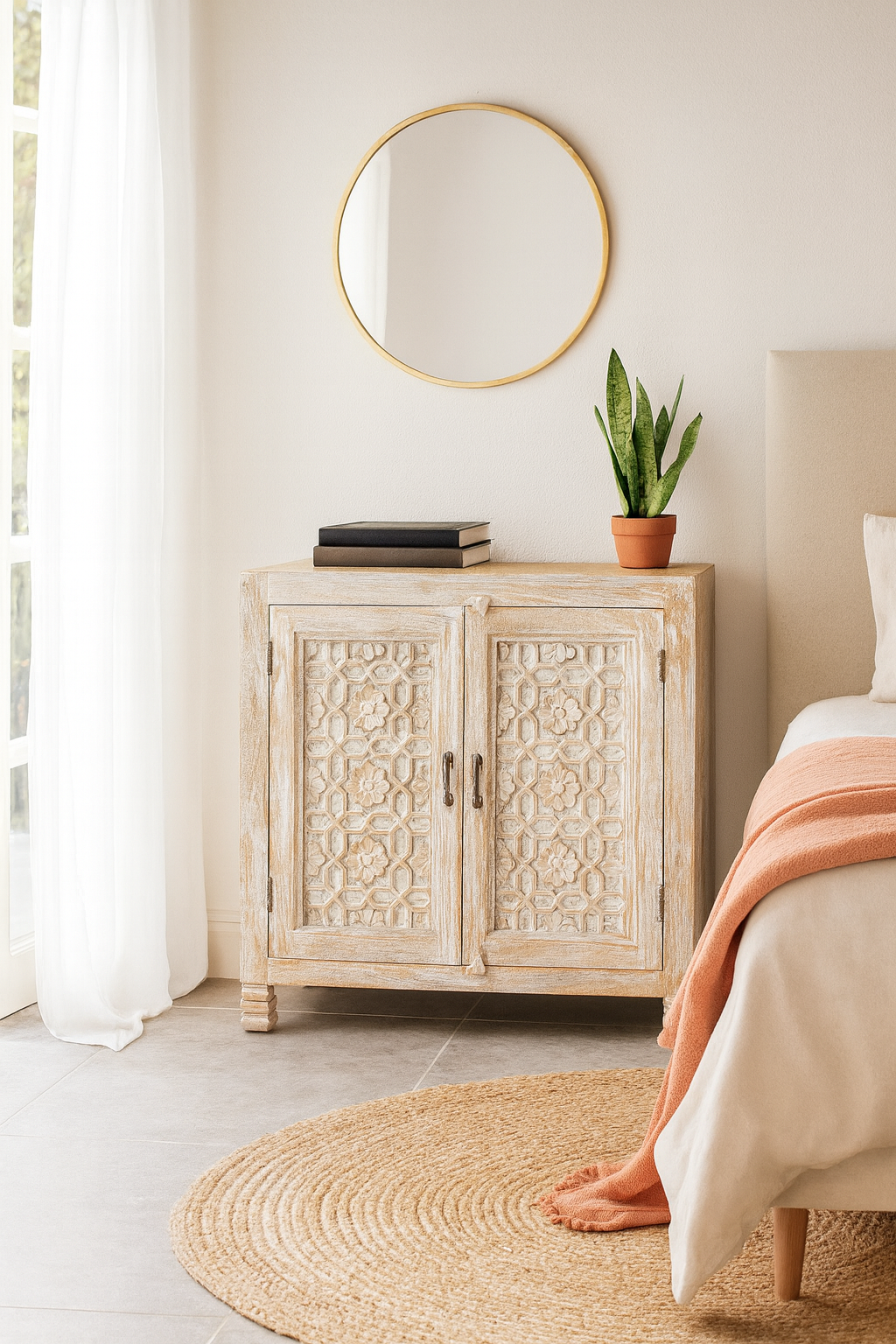 Lifestyle imagination of a white washed cabinet handcrafted from mango wood with engraved doors; artisanal Indian mango wood furniture, 90 × 90 × 40 cm.