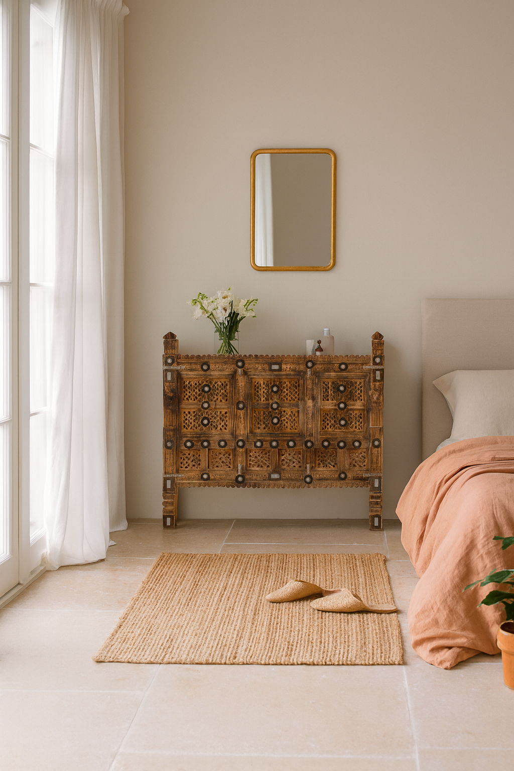 Lifestyle image of an antique Indian treasure chest in solid teak with sandblasted finish, hand-carved details, and iron accents. Vintage home accessory for eclectic Indian decor, 127 × 110 × 47 cm.