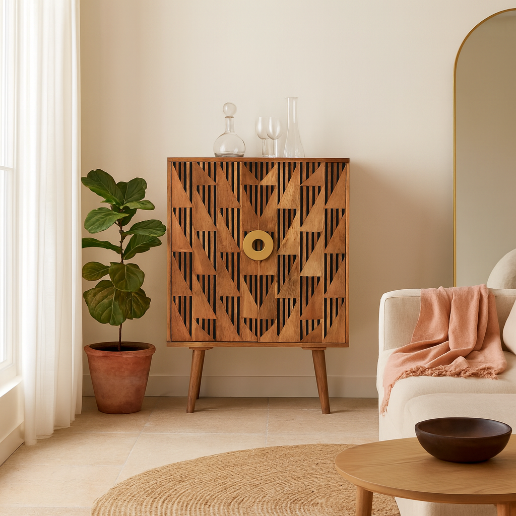Lifestyle imagination of a artisanal mango wood cabinet with natural doors, black frame, and brass knobs, 91 × 113 × 41 cm.