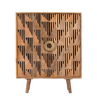White background image of a artisanal mango wood cabinet with natural doors, black frame, and brass knobs, 91 × 113 × 41 cm.