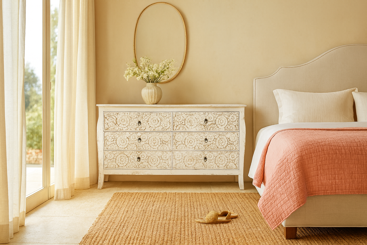 Lifestyle imagination of a handcrafted mango wood drawer chest with six hand-carved fronts, natural finish, and Mediterranean vintage furniture style – Nagpur by Om Home & Garden.