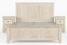 White background image of a whitewashed mango wood bed frame with carved panel design and two matching nightstands; rustic bedroom furniture set, bed size 180×200×140 cm, nightstands 50×40×65 cm.