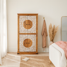 Lifestyle imagination of a mango wood furniture cabinet with full front floral carving, artisanal bedroom furniture with hand-carved details, 180 × 90 × 40 cm.