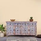 Hand painted wooden furniture sideboard with floral motifs, unique furniture piece made from reclaimed wood, 180 × 40 × 90 cm.