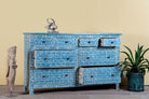 Side angle image with open drawers of a Hand-painted chest of drawers made of reclaimed wood in blue and white – Nitara model by Om Home & Garden