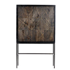 White background image of a black wooden cabinet with handcrafted copper inlays and nickel-plated metal base—an artisanal furniture piece with a refined minimalistic style.