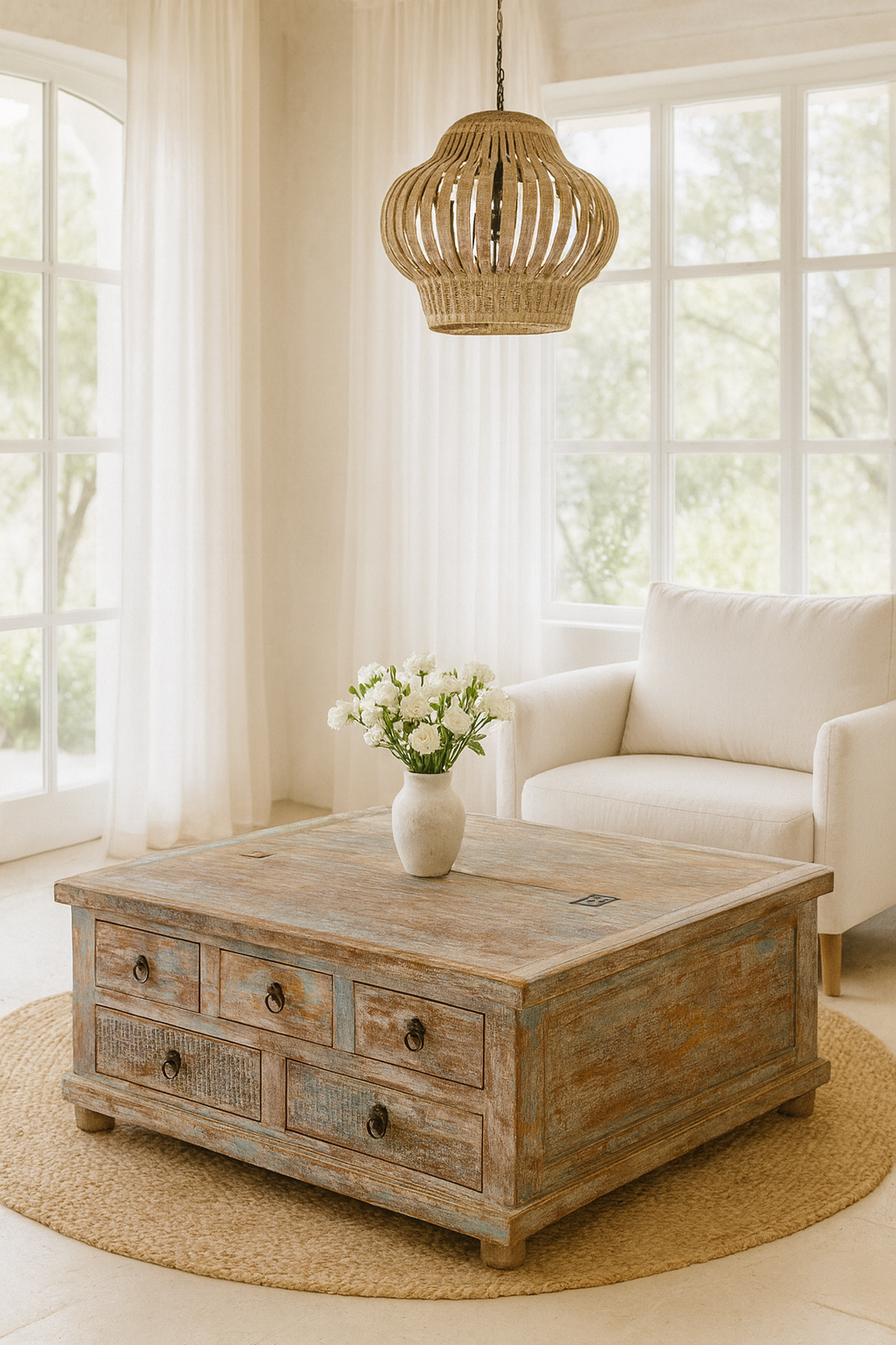 Lifestyle imagination of a handcrafted mango wood coffee table Box Table Panipat with drawers and box storage, vintage coffee table design, 90 × 90 × 45 cm.