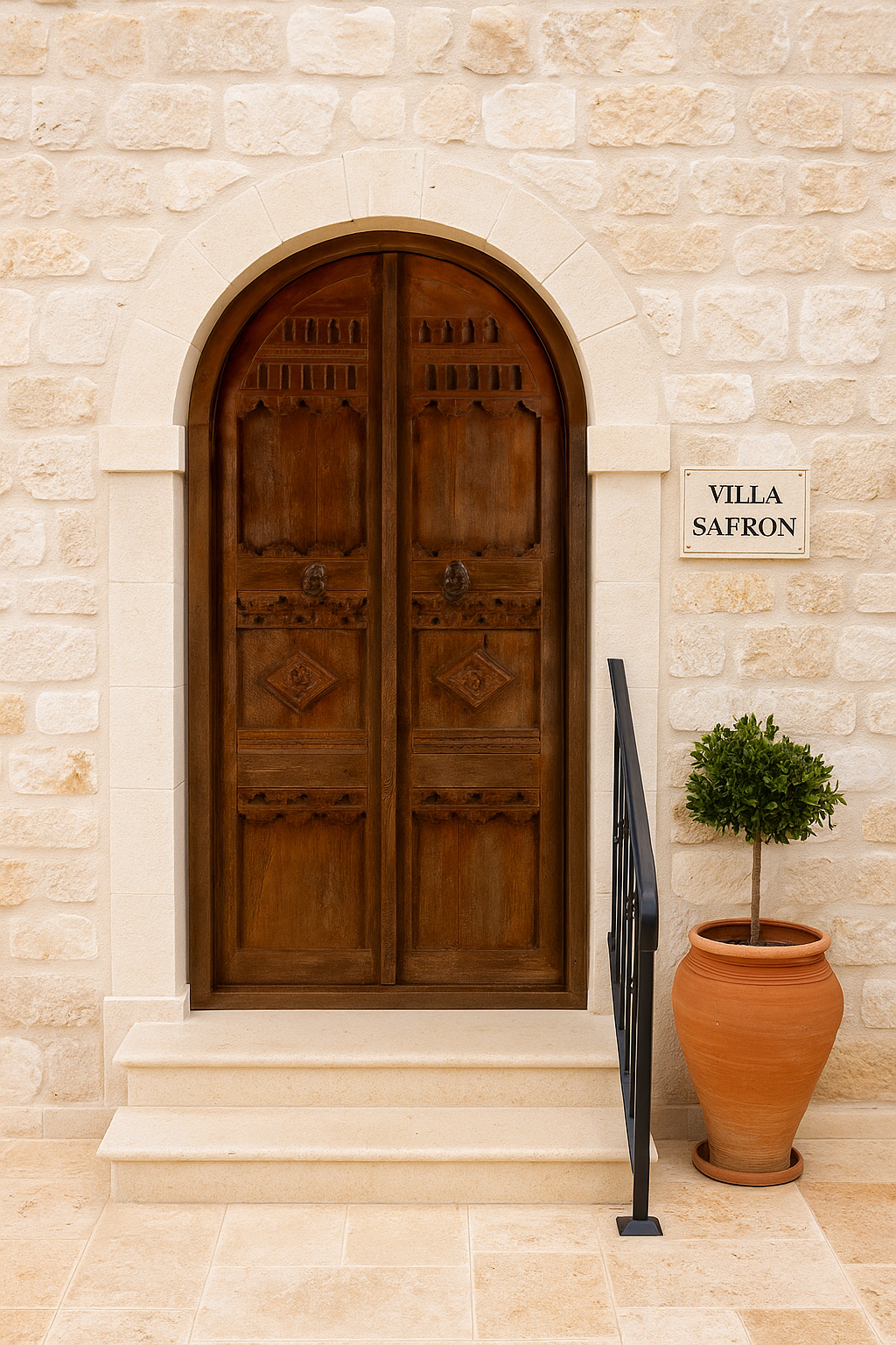 Handcrafted arched carved wooden door made from reclaimed wood – a Moroccan-style piece ideal for boho and rustic interiors.